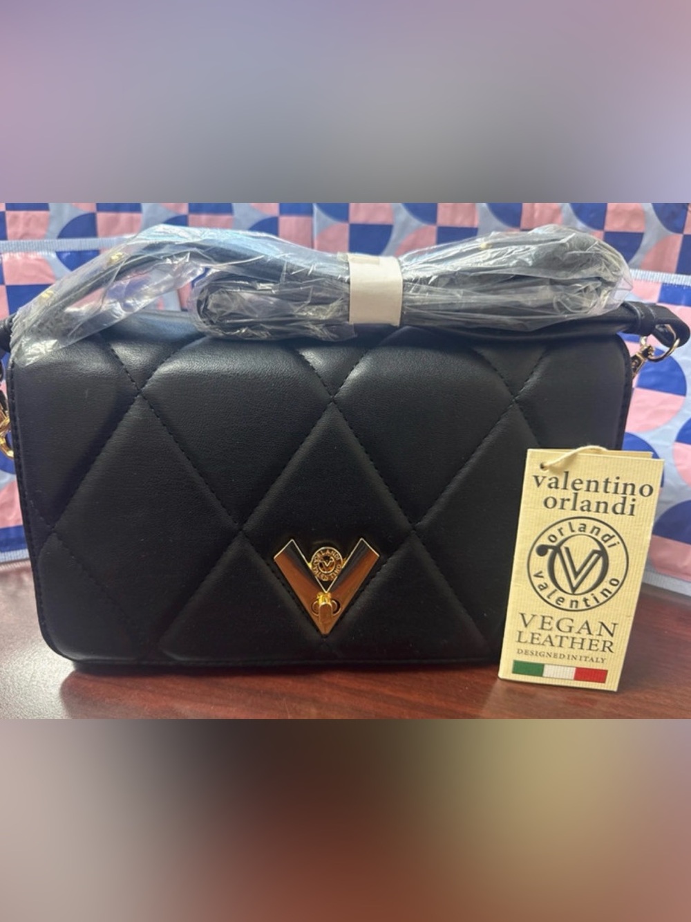 Valentino Orlandi Black Quilted Crossbody with Gold V-Emblem